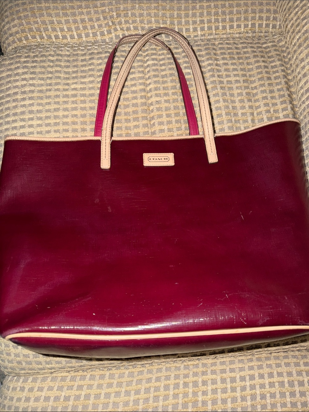 Coach Burgundy Patent Tote with Beige Trim